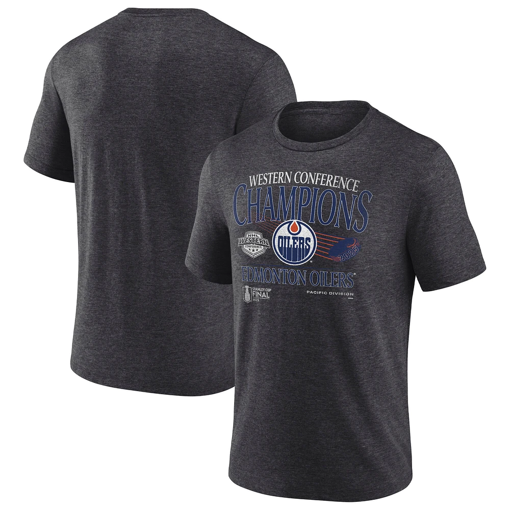 Men's Fanatics Heather Charcoal Edmonton Oilers 2025 Western Conference Champions Old School Tri-Blend T-Shirt