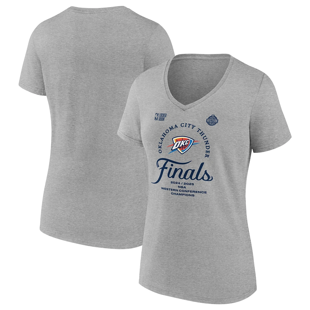 Women's Fanatics Heather Gray Oklahoma City Thunder 2025 Western Conference Champions Locker Room V-Neck T-Shirt