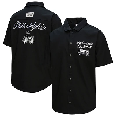 Men's Mitchell & Ness Black Philadelphia 76ers Hardwood Classics Camp Shirt