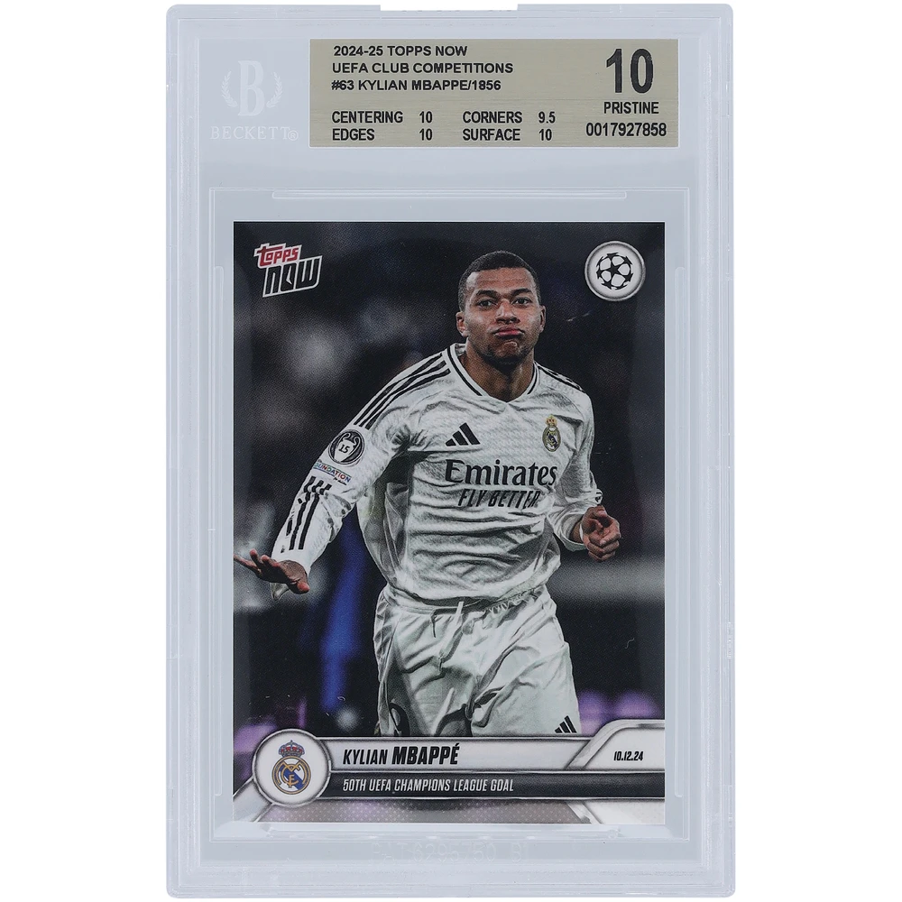 Kylian Mbappé Real Madrid 2024-25 Topps Now 50th UEFA Champions League Goal 10.12.24 #63 BGS Authenticated 10 Card - 10,9.5,10,10 Subgrades