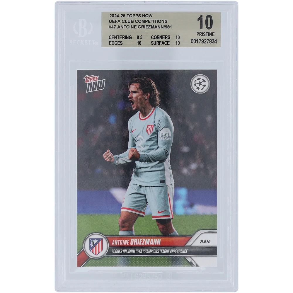 Antoine Griezmann Atletico de Madrid 2024-25 Topps Now Scores on 100th UEFA Champions League Appearance 26.11.24 #47 BGS Authenticated 10 Card - 9.5,10,10,10 Subgrades