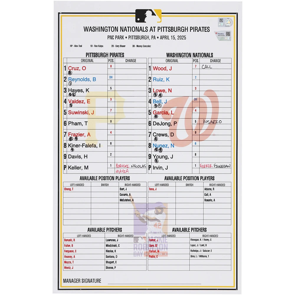 Pittsburgh Pirates Game-Used Lineup Card vs. Washington Nationals on April 15, 2025