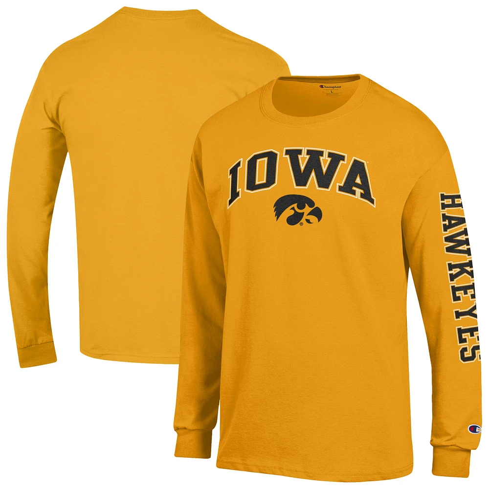 Men's Champion Gold Iowa Hawkeyes Arch Over Logo 2-Hit Long Sleeve T-Shirt