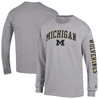Men's Champion Heather Gray Michigan Wolverines Arch Over Logo 2-Hit Long Sleeve T-Shirt