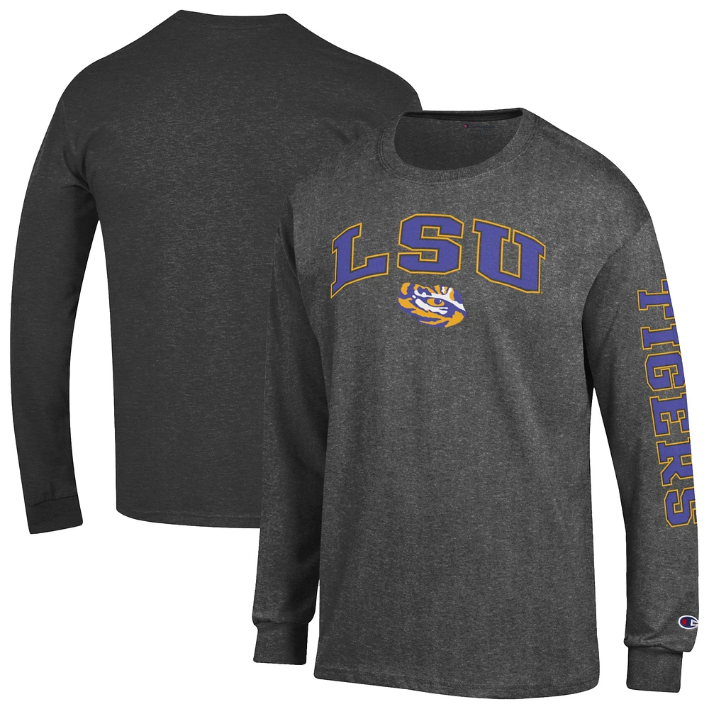 Men's Champion Charcoal LSU Tigers Arch Over Logo 2-Hit Long Sleeve T-Shirt