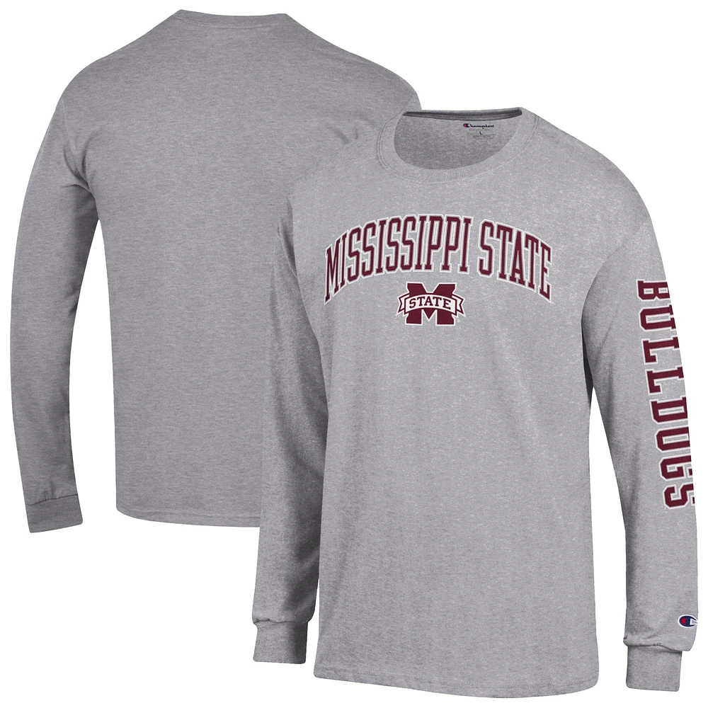 Men's Champion Heather Gray Mississippi State Bulldogs Arch Over Logo 2-Hit Long Sleeve T-Shirt