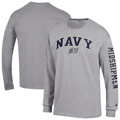 Men's Champion Heather Gray Navy Midshipmen Arch Over Logo 2-Hit Long Sleeve T-Shirt