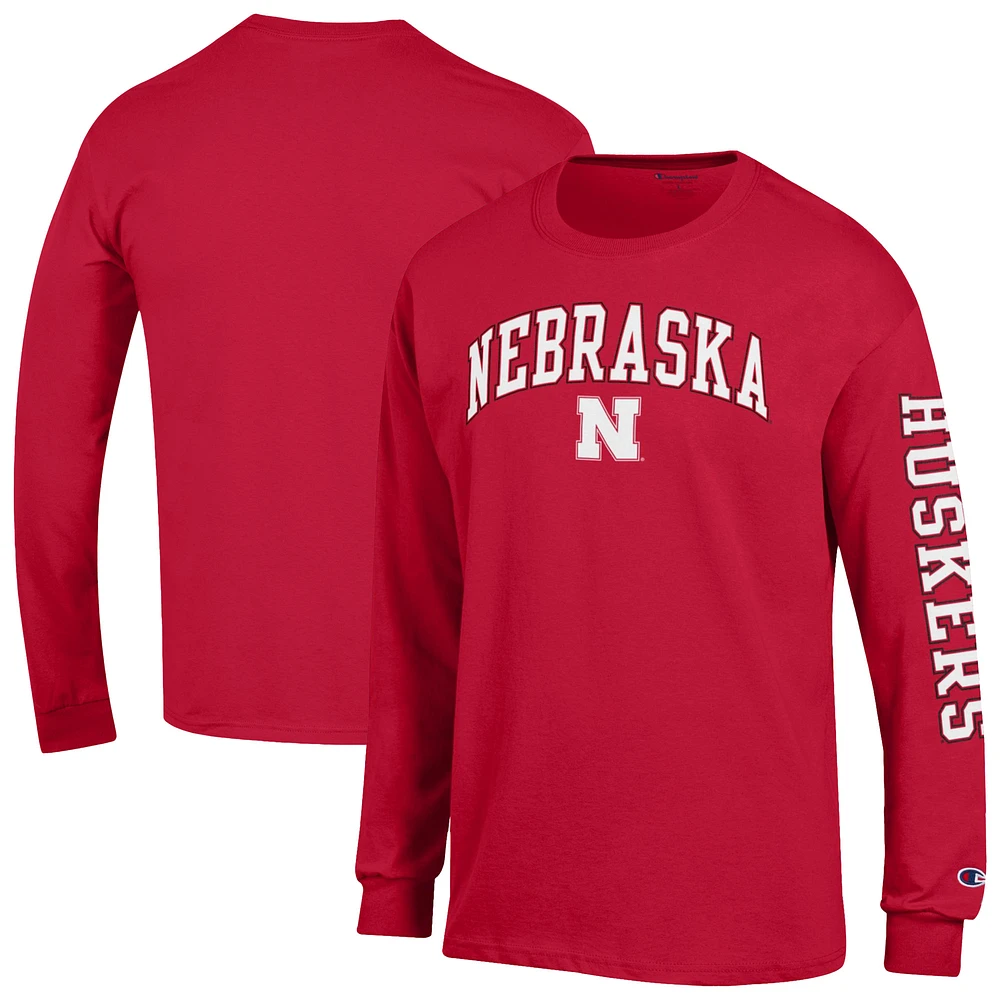 Men's Champion Scarlet Nebraska Huskers Arch Over Logo 2-Hit Long Sleeve T-Shirt