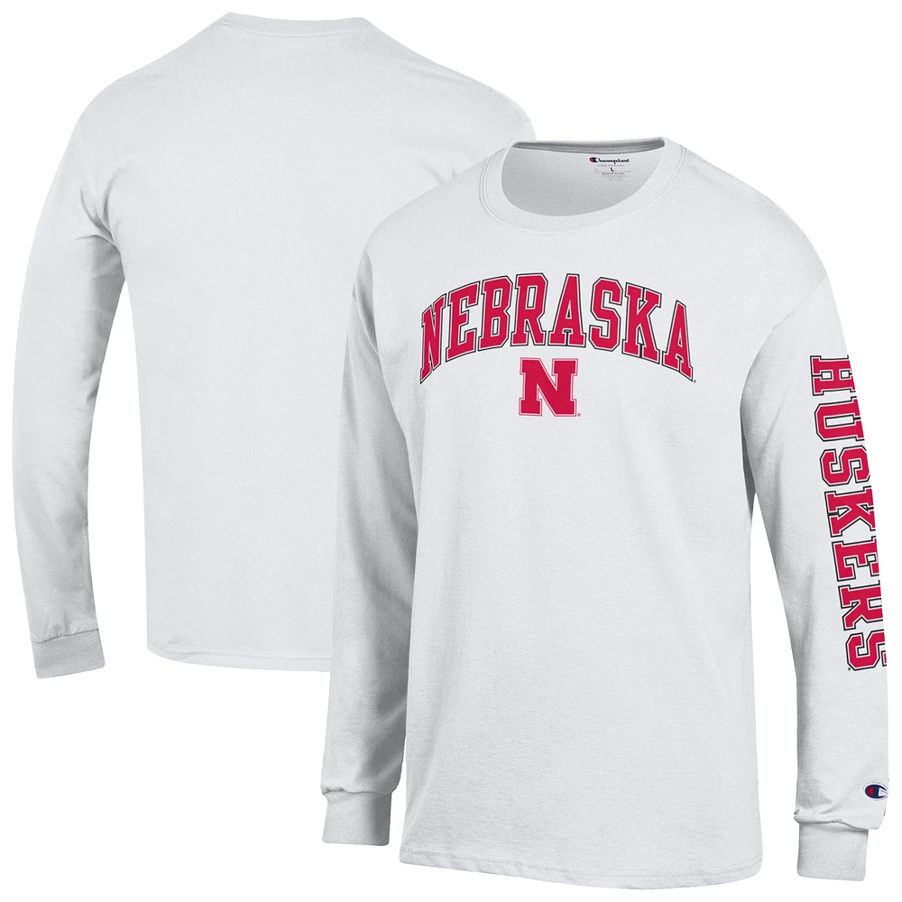 Men's Champion White Nebraska Huskers Arch Over Logo 2-Hit Long Sleeve T-Shirt
