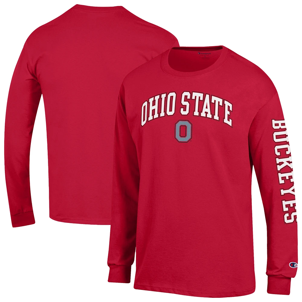 Men's Champion Scarlet Ohio State Buckeyes Arch Over Logo 2-Hit Long Sleeve T-Shirt