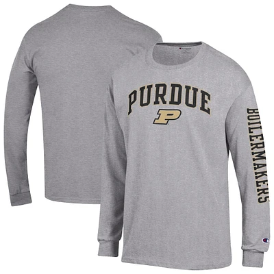 Men's Champion Heather Gray Purdue Boilermakers Arch Over Logo 2-Hit Long Sleeve T-Shirt