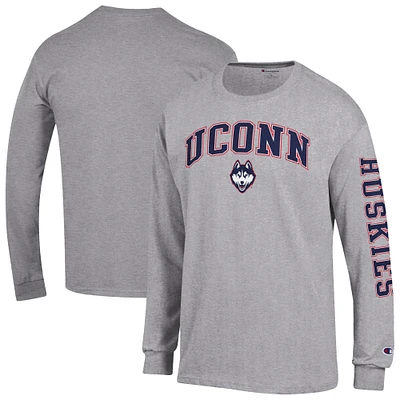 Men's Champion Heather Gray UConn Huskies Arch Over Logo 2-Hit Long Sleeve T-Shirt