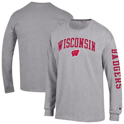 Men's Champion Heather Gray Wisconsin Badgers Arch Over Logo 2-Hit Long Sleeve T-Shirt