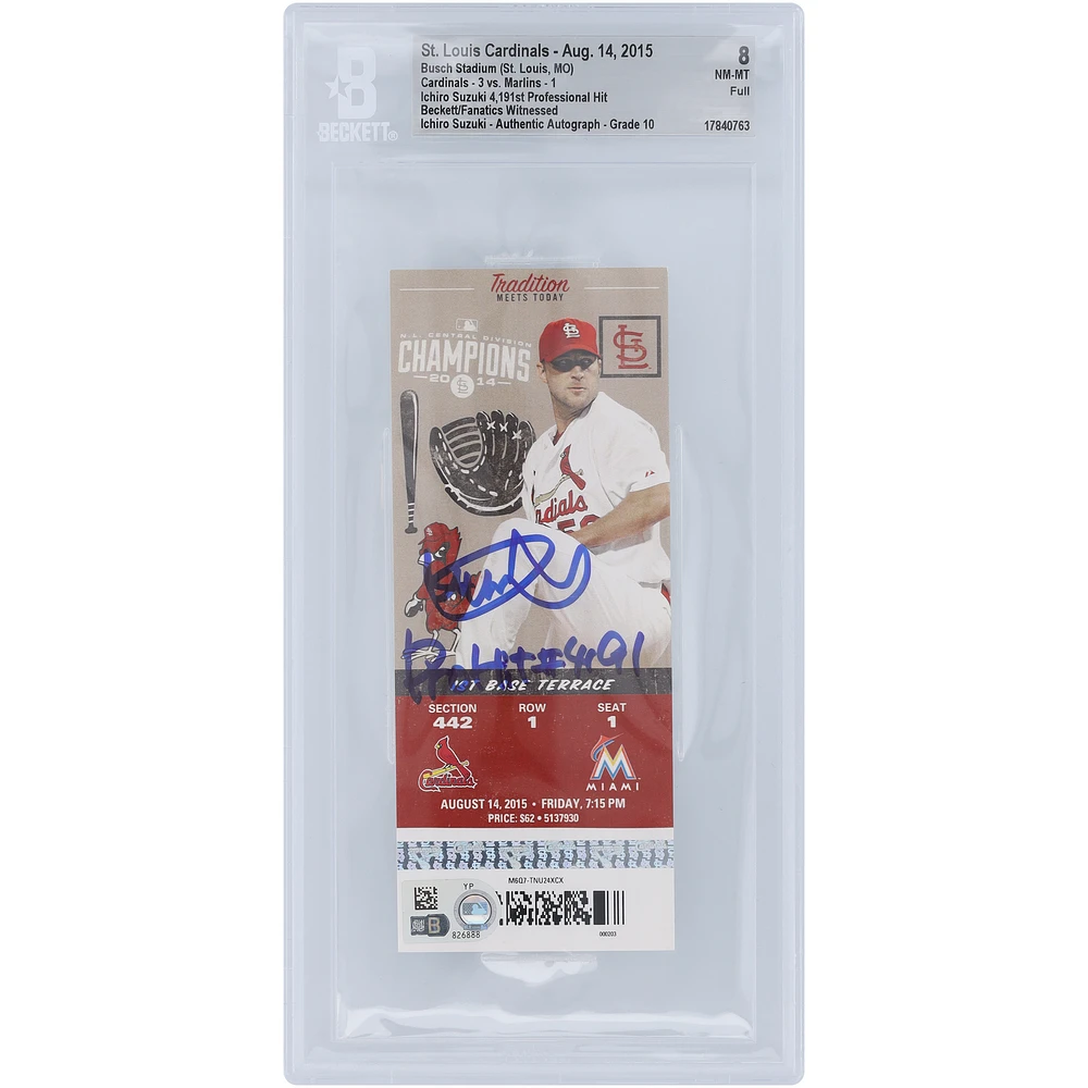 Ichiro Suzuki Miami Marlins Autographed 4,191st Professional Hit Beckett Fanatics Witnessed Authenticated 8/10 Ticket from August 14, 2015 with "Pro Hit #4191" Inscription