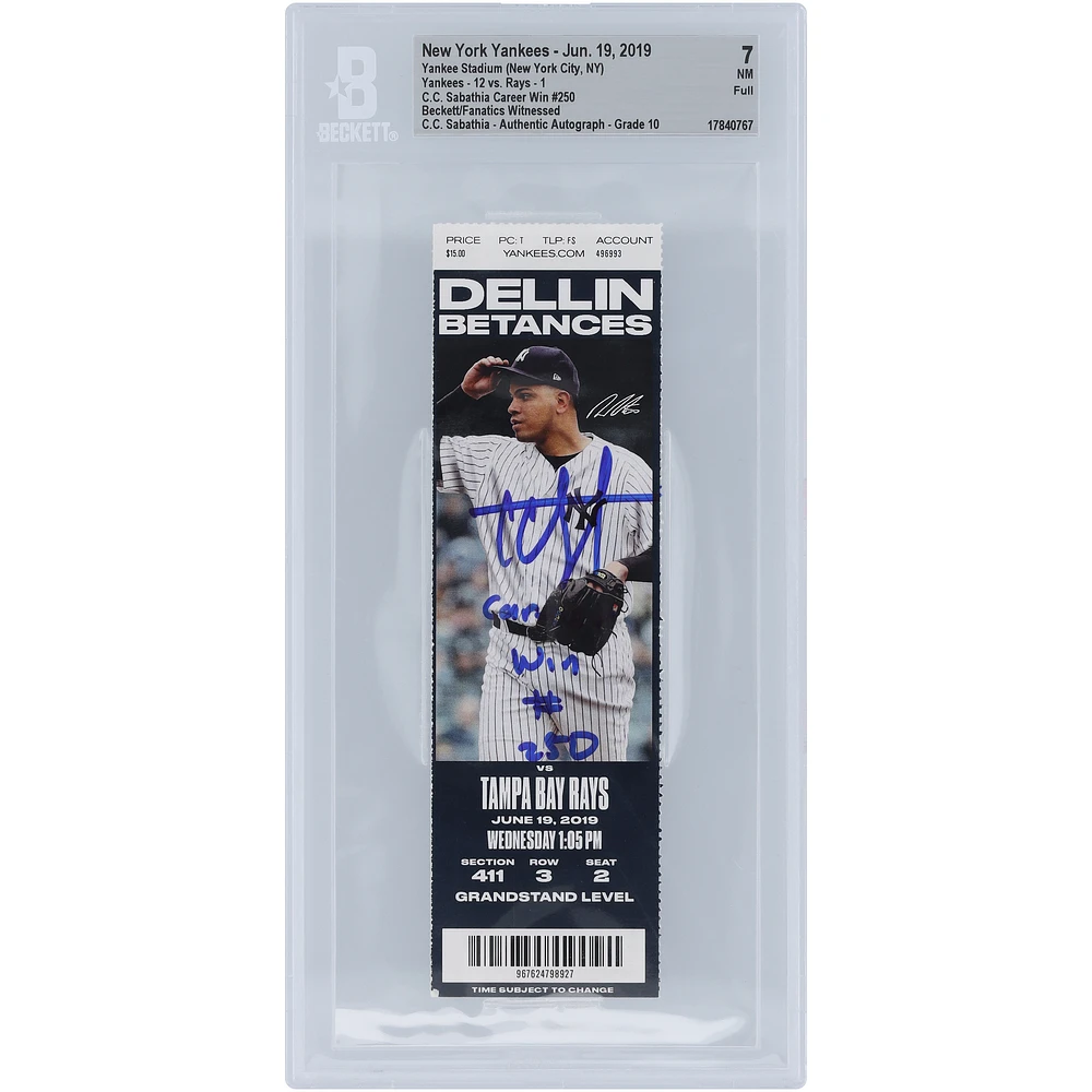 CC Sabathia New York Yankees Autographed Career Win #250 Beckett Fanatics Witnessed Authenticated /10 Ticket from June 19