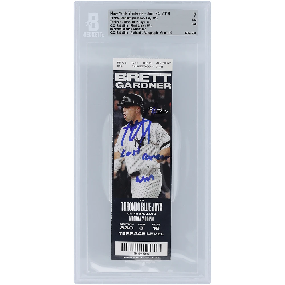 CC Sabathia New York Yankees Autographed Final Career Win Beckett Fanatics Witnessed Authenticated / Ticket from June 24