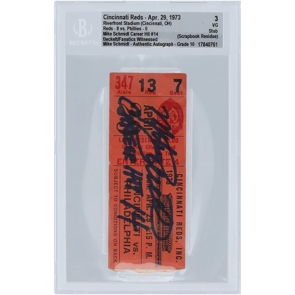 Mike Schmidt Philadelphia Phillies Autographed Career Hit #14 Beckett Fanatics Witnessed Authenticated 3/10 Ticket from April 29, 1973 with "Career Hit 14" Inscription