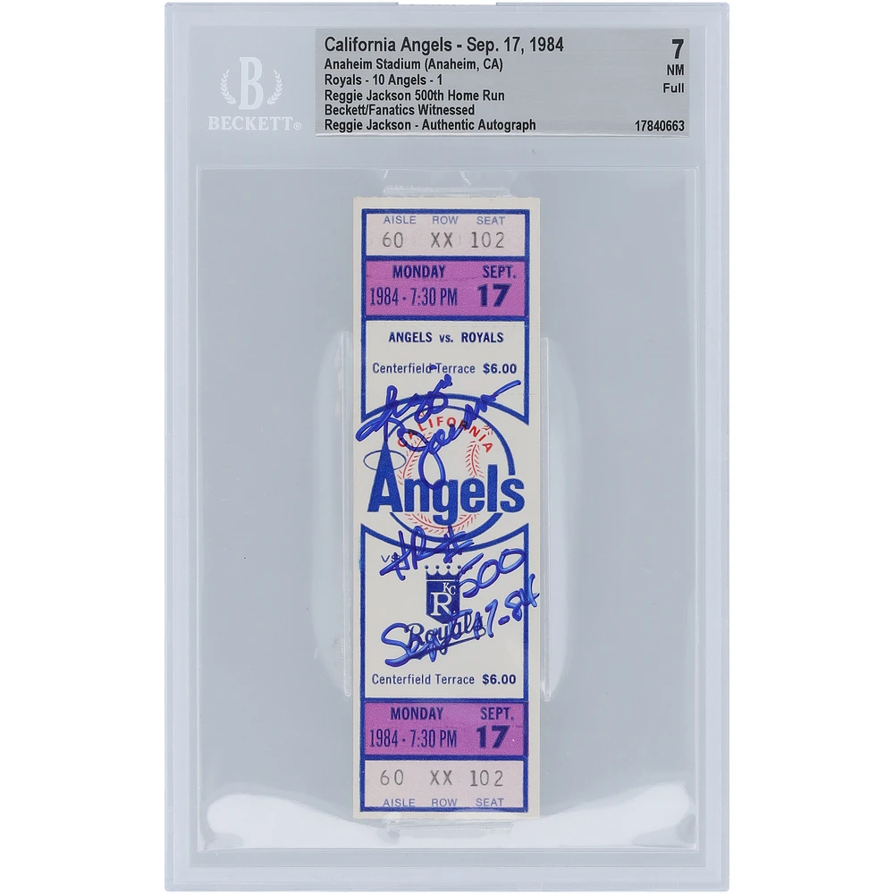 Reggie Jackson California Angels Autographed 500th Home Run Beckett Fanatics Witnessed Authenticated 7 Ticket from September 17, 1984 with "HR #500 Sept 17-84" Inscription