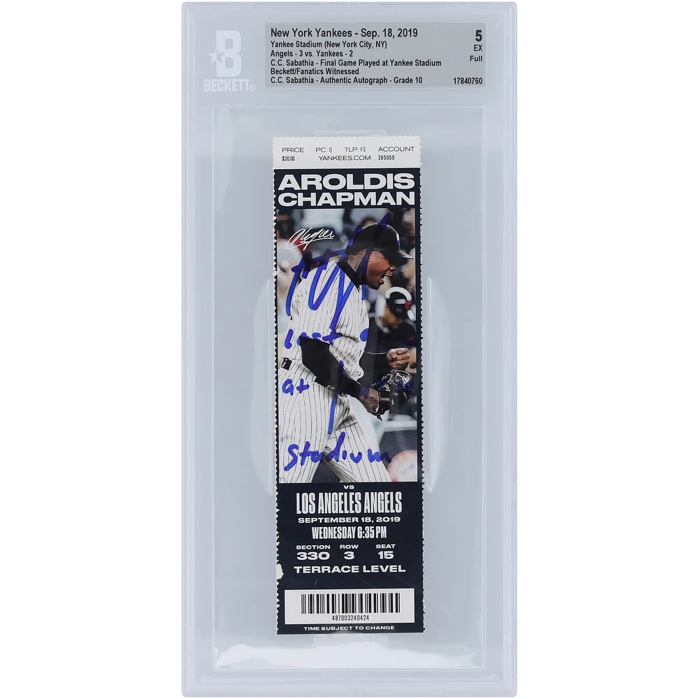 CC Sabathia New York Yankees Autographed Final Game Played at Yankee Stadium Beckett Fanatics Witnessed Authenticated / Ticket from September 18