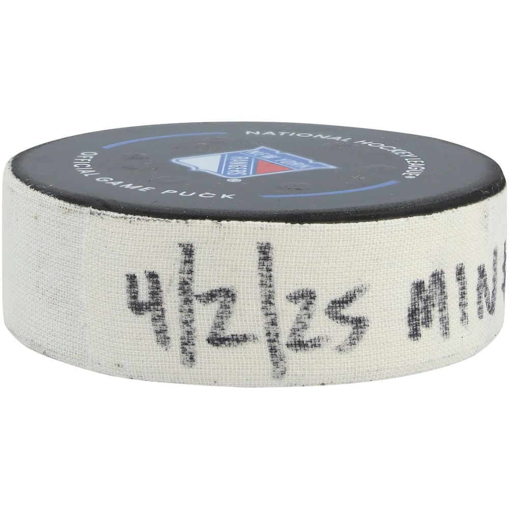 Marco Rossi Minnesota Wild Game-Used Goal Puck vs. New York Rangers on April 2, 2025