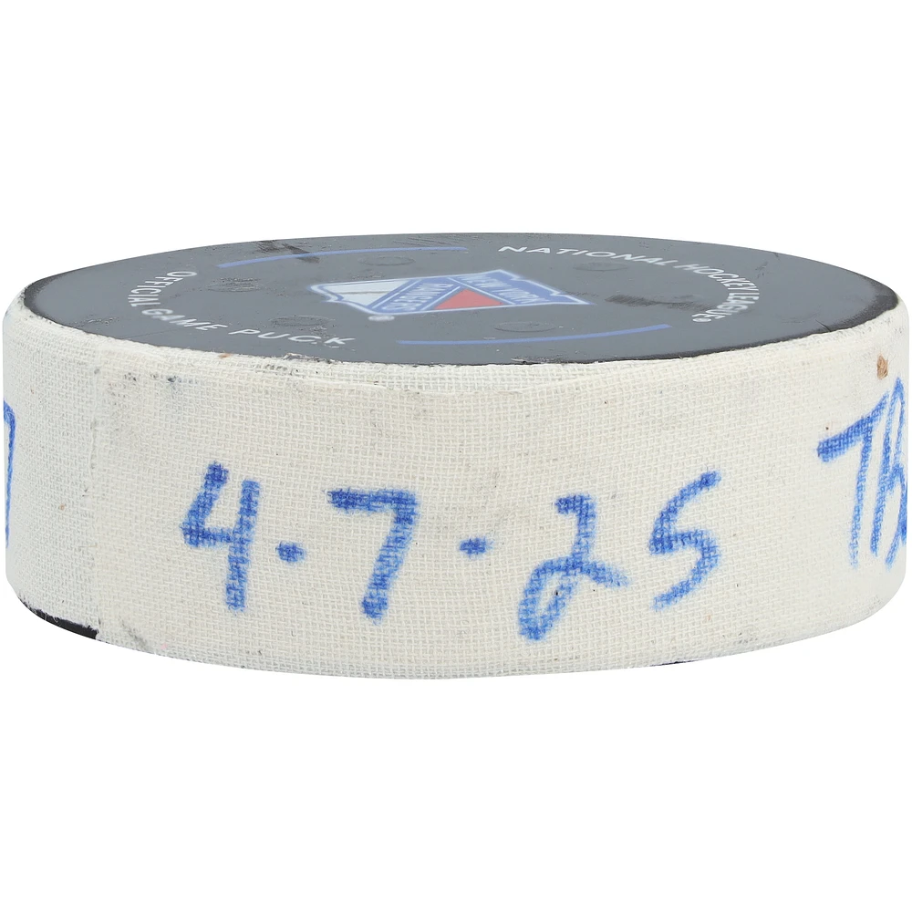 Yanni Gourde Tampa Bay Lightning Game-Used Goal Puck vs. New York Rangers on April 7, 2025