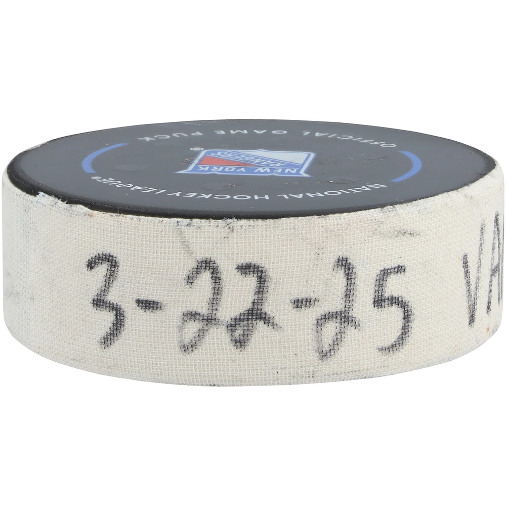 Brock Boeser Vancouver Canucks Game-Used Goal Puck vs. New York Rangers on March 22, 2025