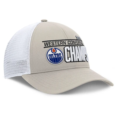 Men's Fanatics Natural/White Edmonton Oilers 2025 Western Conference Champions Locker Room Trucker Adjustable Hat