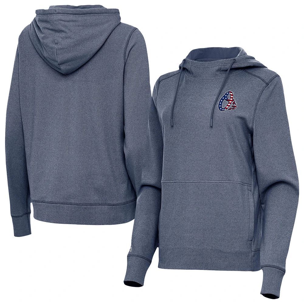 Women's Antigua Heather Navy Baltimore Orioles Justice Stars and Stripes Team Logo Pullover Hoodie