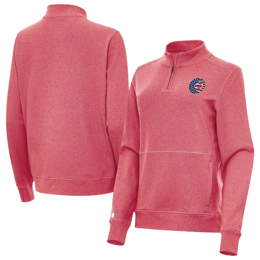 Women's Antigua Heather Red Chicago Cubs Crush Stars and Stripes Team Logo Quarter-Zip Pullover Top