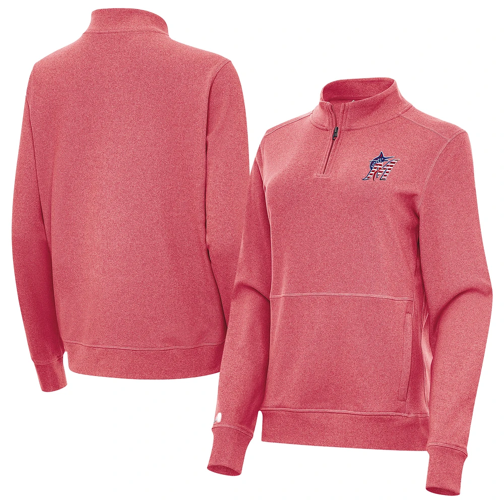 Women's Antigua Heather Red Miami Marlins Crush Stars and Stripes Team Logo Quarter-Zip Pullover Top