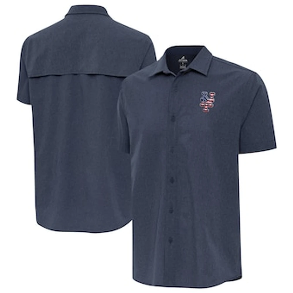 Men's Antigua Navy New York Mets Activate Stars and Stripes Team Logo Short Sleeve Button-Up Shirt