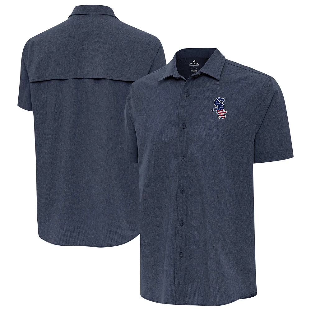 Men's Antigua Navy Chicago White Sox Activate Stars and Stripes Team Logo Short Sleeve Button-Up Shirt