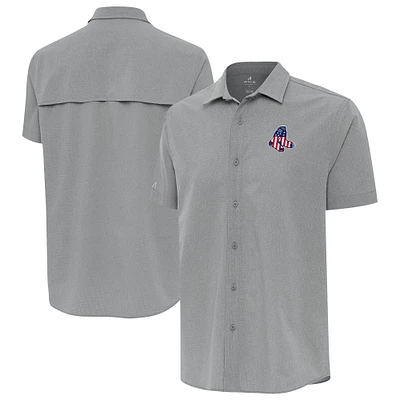 Men's Antigua Gray Boston Red Sox Activate Stars and Stripes Team Logo Short Sleeve Button-Up Shirt
