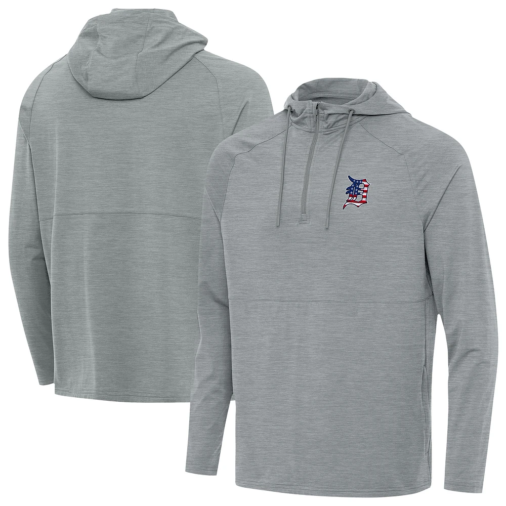 Men's Antigua Heather Gray Detroit Tigers Spikes Stars and Stripes Team Logo Quarter-Zip Pullover Hoodie