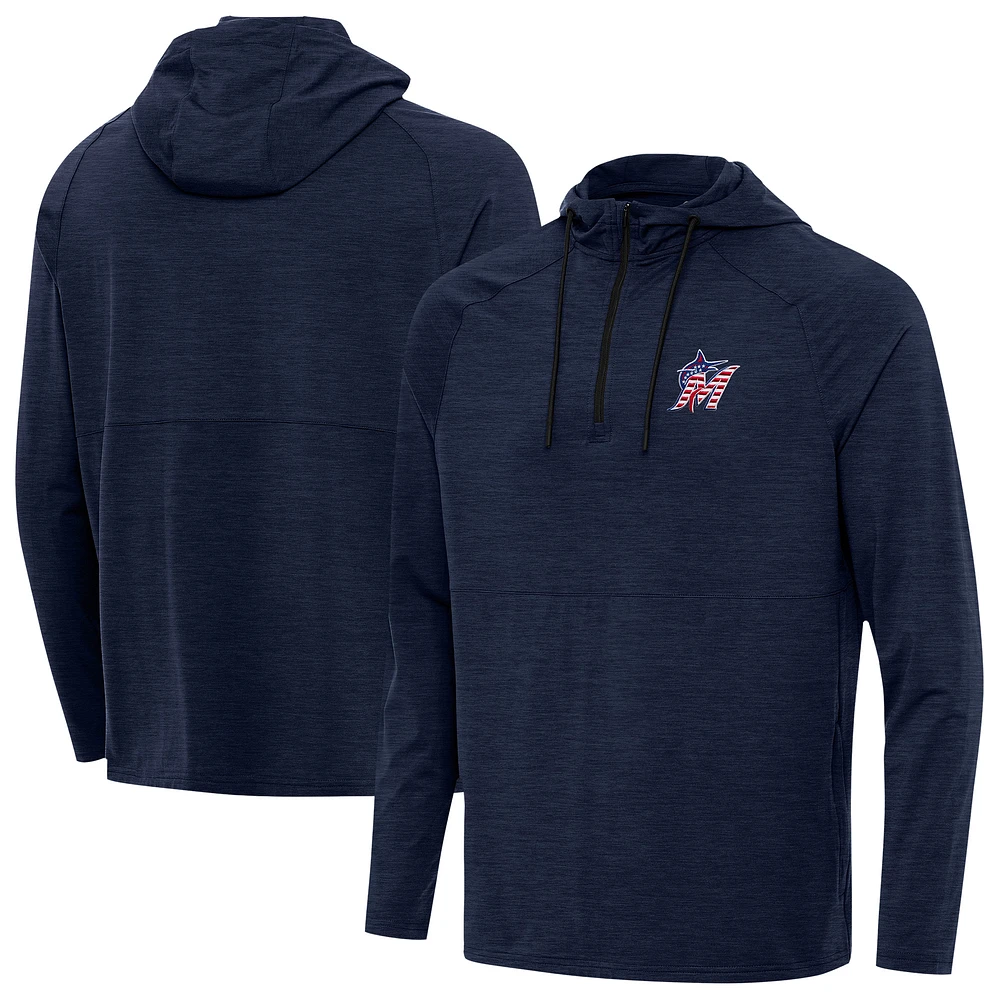 Men's Antigua Heather Navy Miami Marlins Spikes Stars and Stripes Team Logo Quarter-Zip Pullover Hoodie