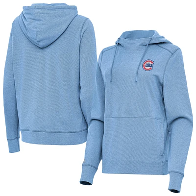 Women's Antigua Heather Powder Blue Chicago Cubs Alternate Logo Justice Pullover Hoodie