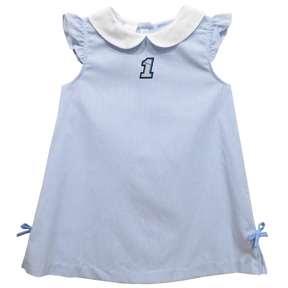 Girls Infant Vive La Fete Light Blue Ross Chastain Mini Check Pattern A-Line Dress