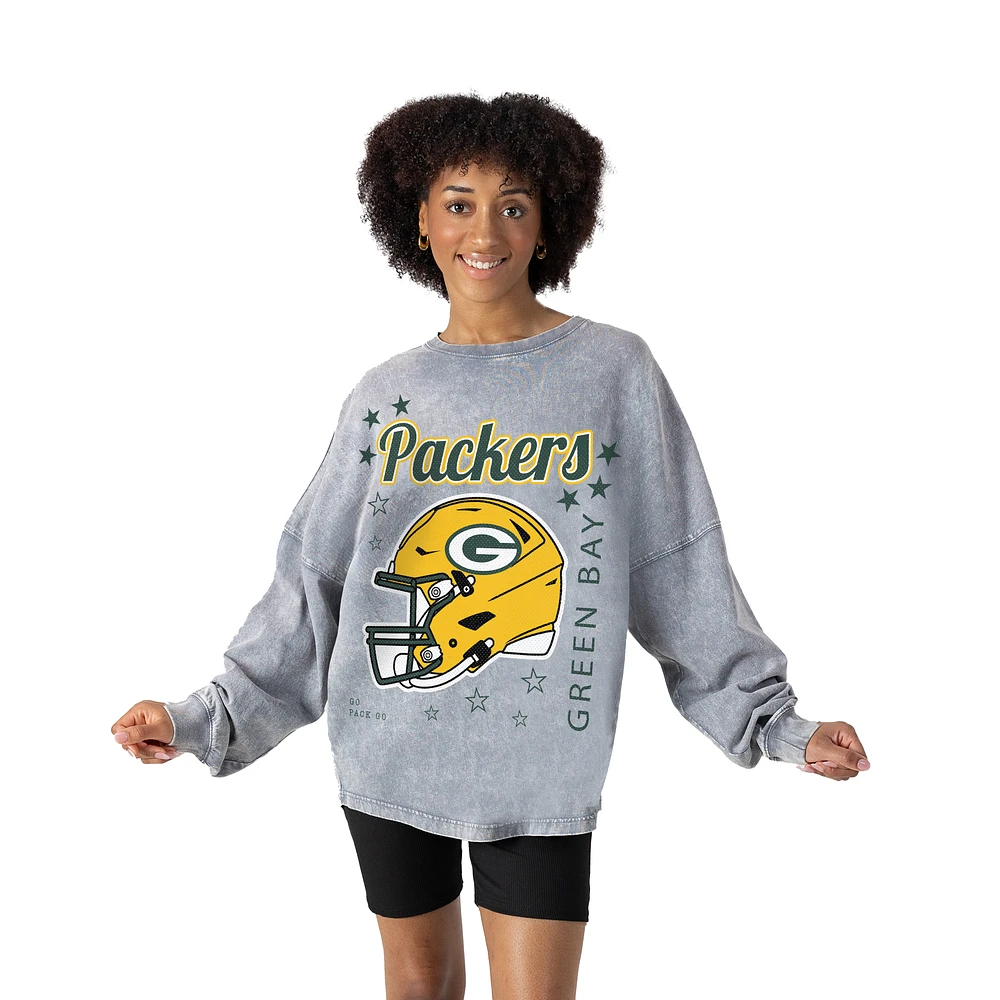 Women's Gameday Couture Gray Green Bay Packers Starbound Oversized Snow Wash Long Sleeve T-Shirt