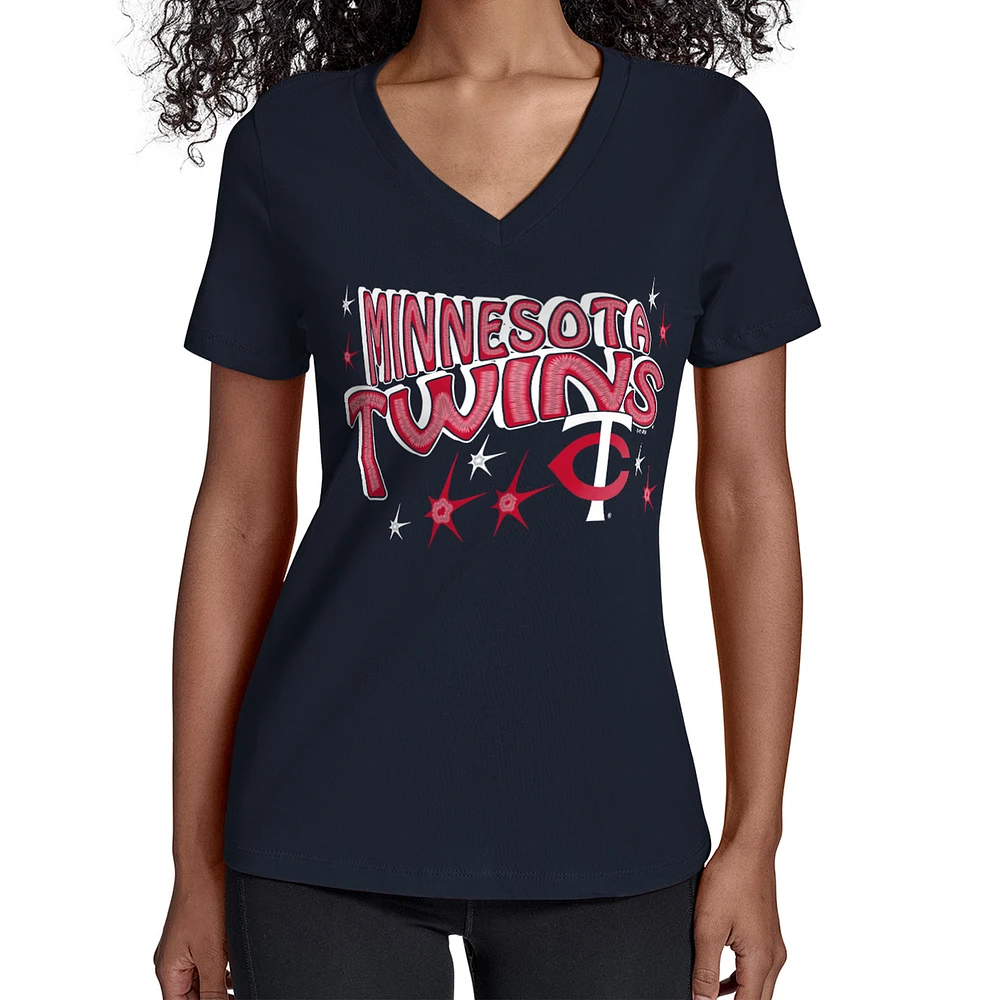 Women's Starter Navy Minnesota Twins Fireworks V-Neck T-Shirt
