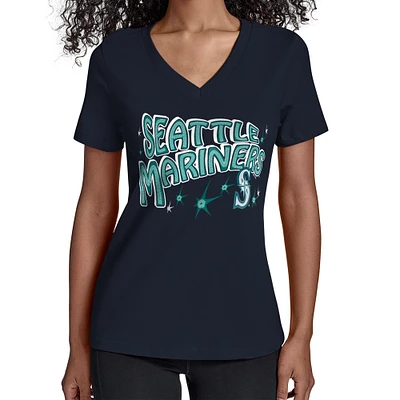 Women's Starter Navy Seattle Mariners Fireworks V-Neck T-Shirt