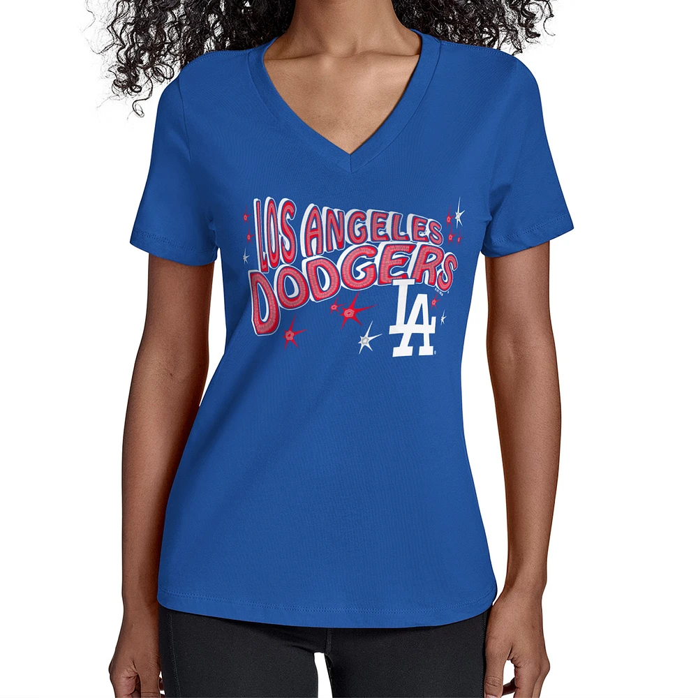 Women's Starter Royal Los Angeles Dodgers Fireworks Team Name V-Neck T-Shirt