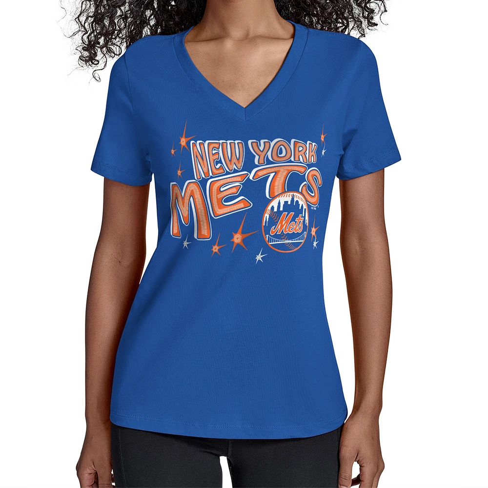 Women's Starter Royal New York Mets Fireworks Team Name V-Neck T-Shirt