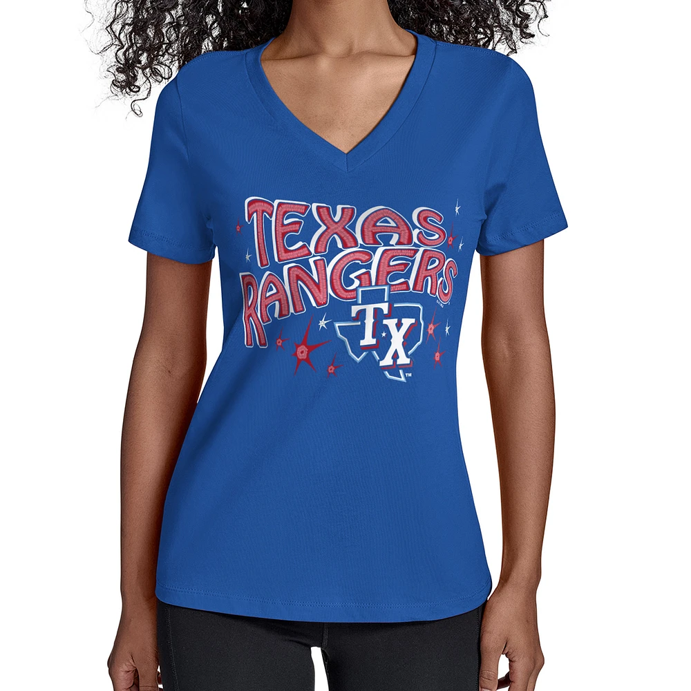 Women's Starter Royal Texas Rangers Fireworks Team Name V-Neck T-Shirt