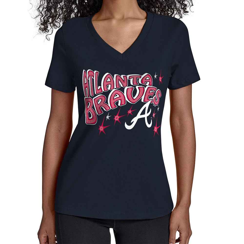 Women's Starter Navy Atlanta Braves Fireworks V-Neck T-Shirt