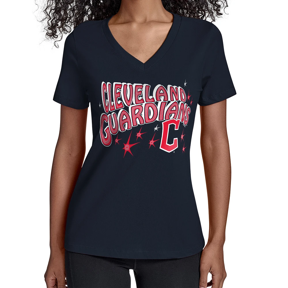 Women's Starter Navy Cleveland Guardians Fireworks V-Neck T-Shirt
