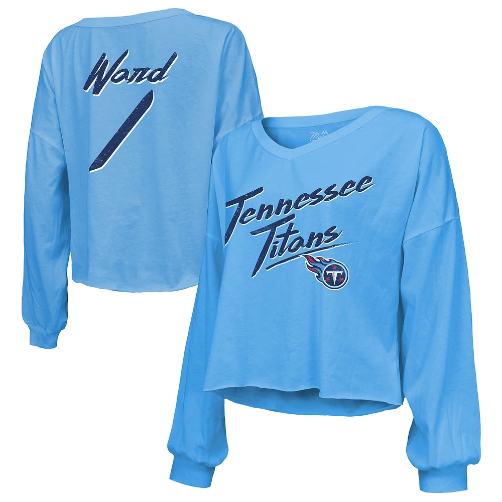 Women's Majestic Threads Cameron Ward Light Blue Tennessee Titans Name & Number Off-Shoulder Script Cropped Long Sleeve Relaxed V-Neck T-Shirt