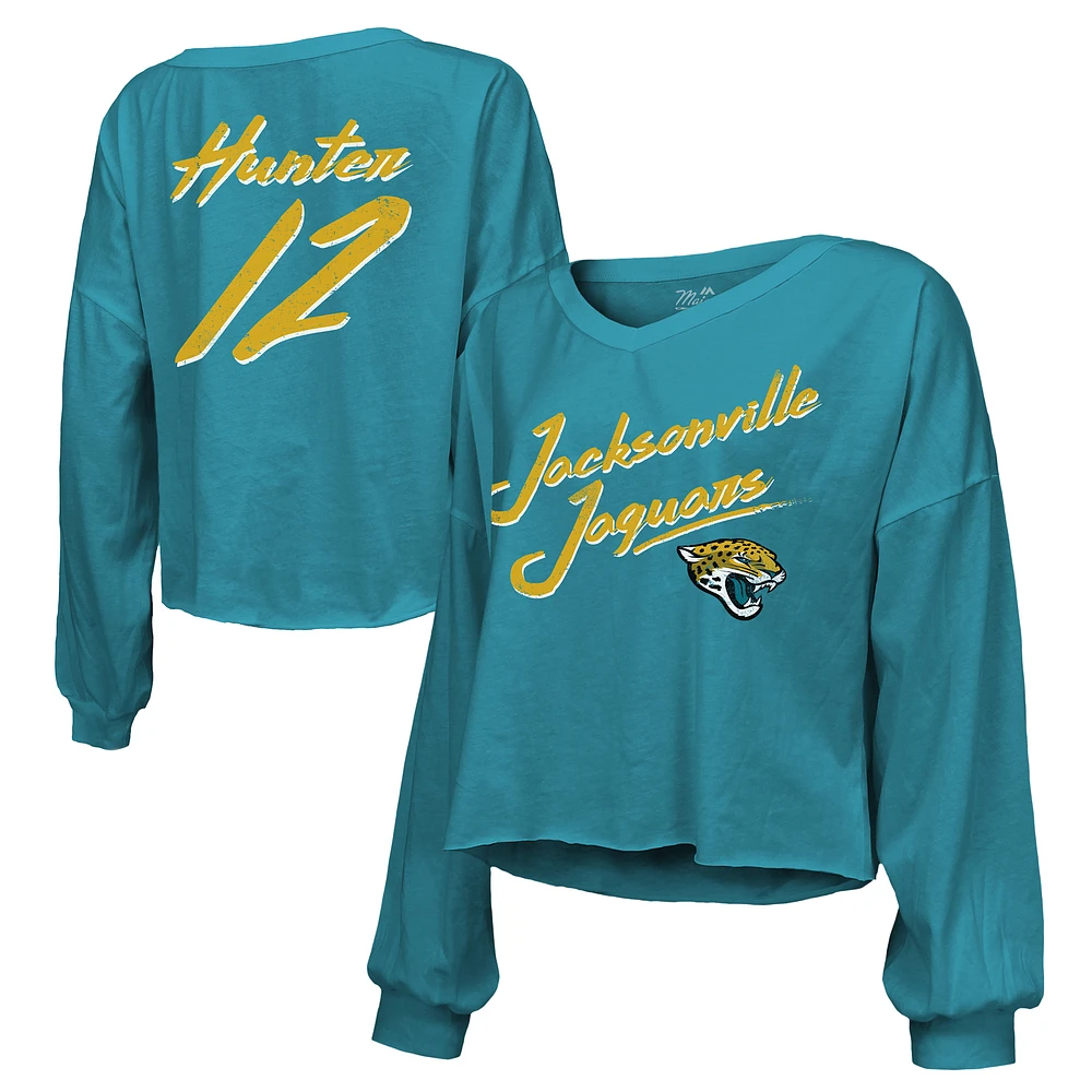 Women's Majestic Threads Travis Hunter Teal Jacksonville Jaguars Name & Number Off-Shoulder Script Cropped Long Sleeve Relaxed V-Neck T-Shirt