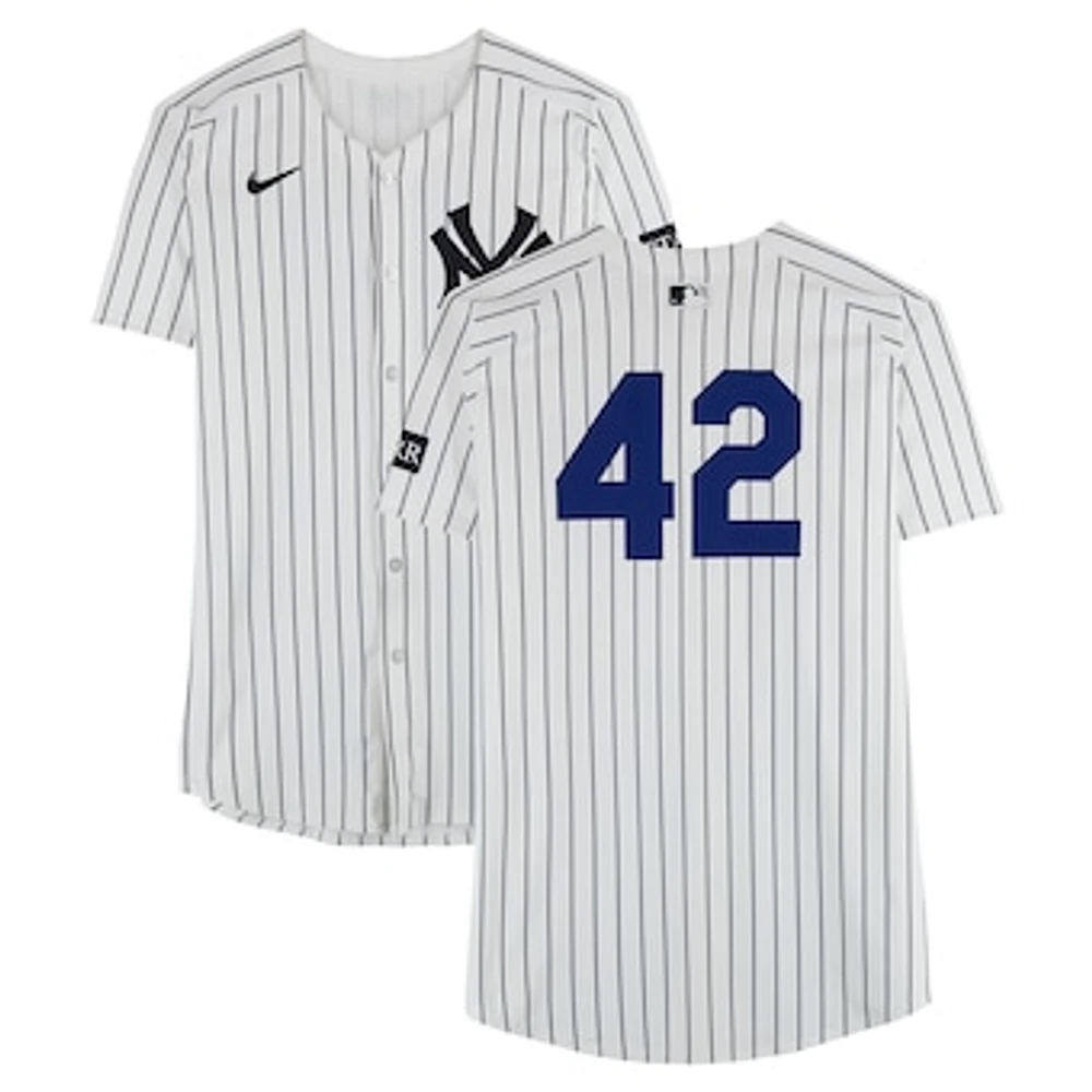Oswald Peraza New York Yankees Game-Used #42 White Nike Pinstripe Jersey vs. Kansas City Royals on April 15, 2025 - Jackie Robinson Day