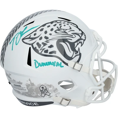 Trevor Lawrence Jacksonville Jaguars Autographed Riddell 2024 Salute To Service Speed Replica Helmet with "Duuuval" Inscription