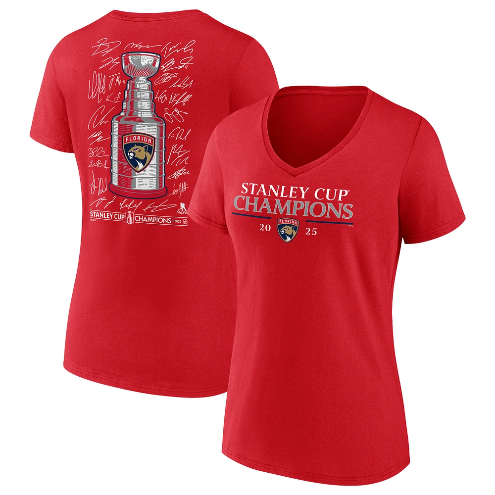 Women's Fanatics Red Florida Panthers 2025 Stanley Cup Champions Signature Roster V-Neck T-Shirt